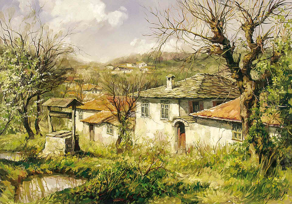 Картина от Българския художник Янко Янев – Пейзаж Селски Къщи в Севлиево регион
