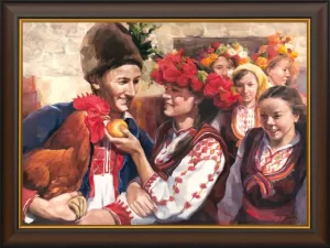 Актова картина от каталога "Красотата на България" на художника Янко Янев – Българчета с петел фолклорен празник