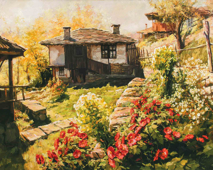  каталога "Красотата на България" Янев АРТ- Есенен Пейзаж на Къща и червени цветя в Стара Планиан