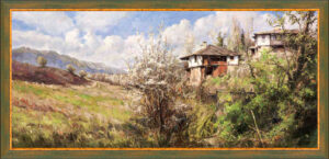 Картина от каталога "Красотата на България" на художника Янко Янев | Янев Арт - Есенен пейзаж селски къщи Боженци. - канава с рамка