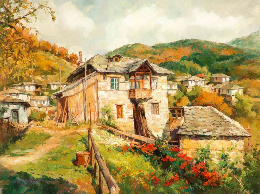 Есенен пейзаж Селски Къщи с цветя с. Долен