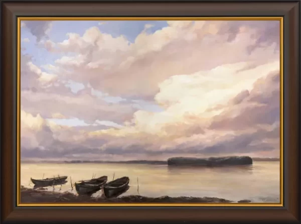 Маслена Картина на Българския художник Янко Янев | Янев АРТ – Пейзаж рибарски лодки на река Дунав гр. Русе