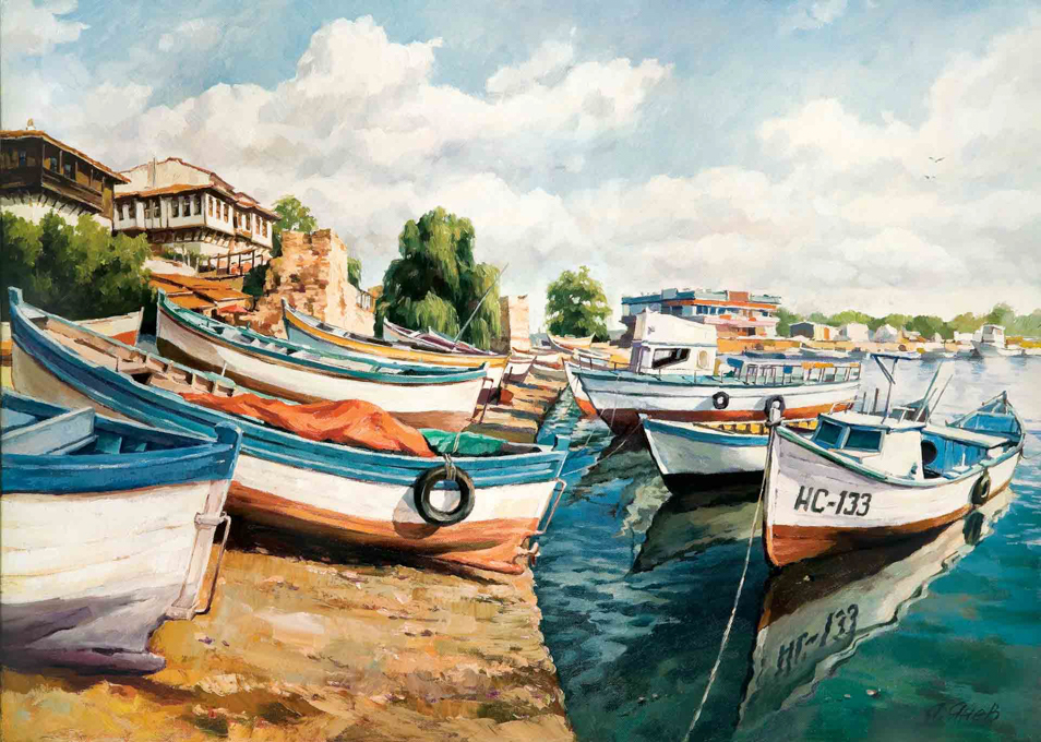 Българския художник Янко Яне - Морски Пейзаж лодки в кей старият град гр. Несебър