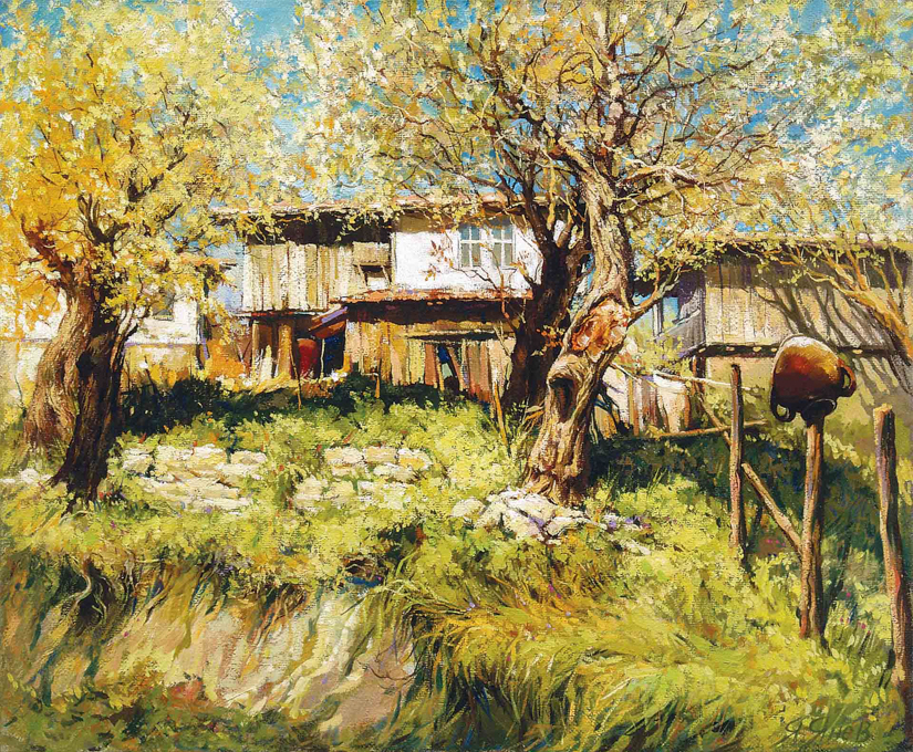 Янев арт Авторка Репродукция Пролетен пейзаж на селска къща с двор
