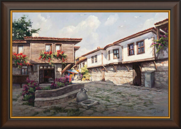 Картина от Българския художник Янко Янев от каталога "Красотата на България" – Несебър старият град чешма стомна- канава с рака