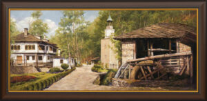 Маслена Картина на Българския художник Янко Янев | Янев АРТ - Пейзаж Часовниковата кула и водното колело на Етъра - канава с рамка