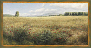 Маслена Картина на Българския художник Янко Янев от каталога на Янев АРТ – Пейзаж полски цветя, поле от макове Казанлък.- канава с рамка