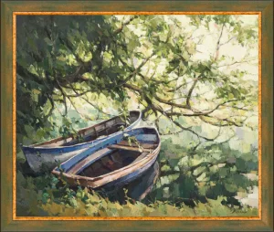 Маслена Картина на Българския художник Янко Янев | Янев АРТ – Авторска Репродукция Пейзаж рибарски лодки езеро.