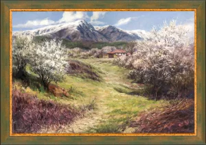 Маслена картина от Българския художник Янко Янев | Янев АРТ - Планински пейзаж Цъфнали дървета и стари къщи до село Баня.