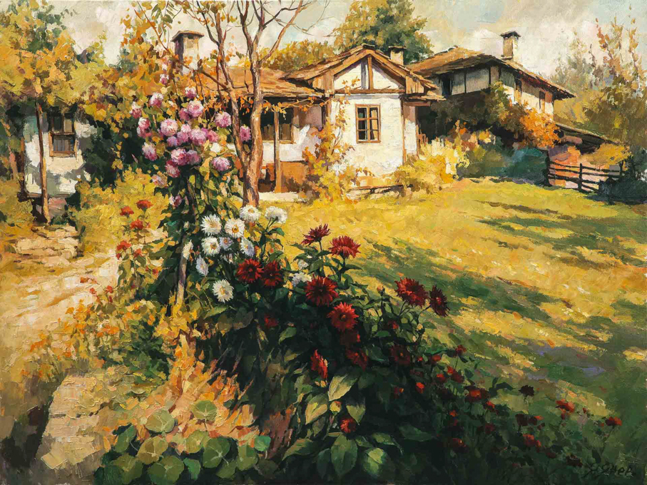 Янев АРТ- Пролетен пейзаж на Къща със селски Двор и Цветя с. Боженци 