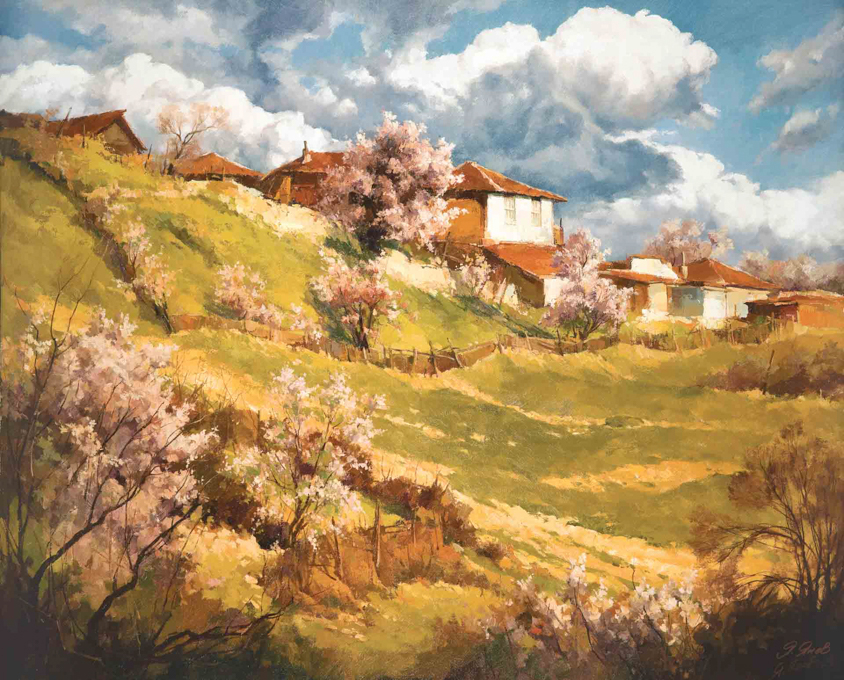 Янко Янев от каталога "Красотата на България" – Пролетен Пейзаж селски къщи маслена картина Вл. Търново