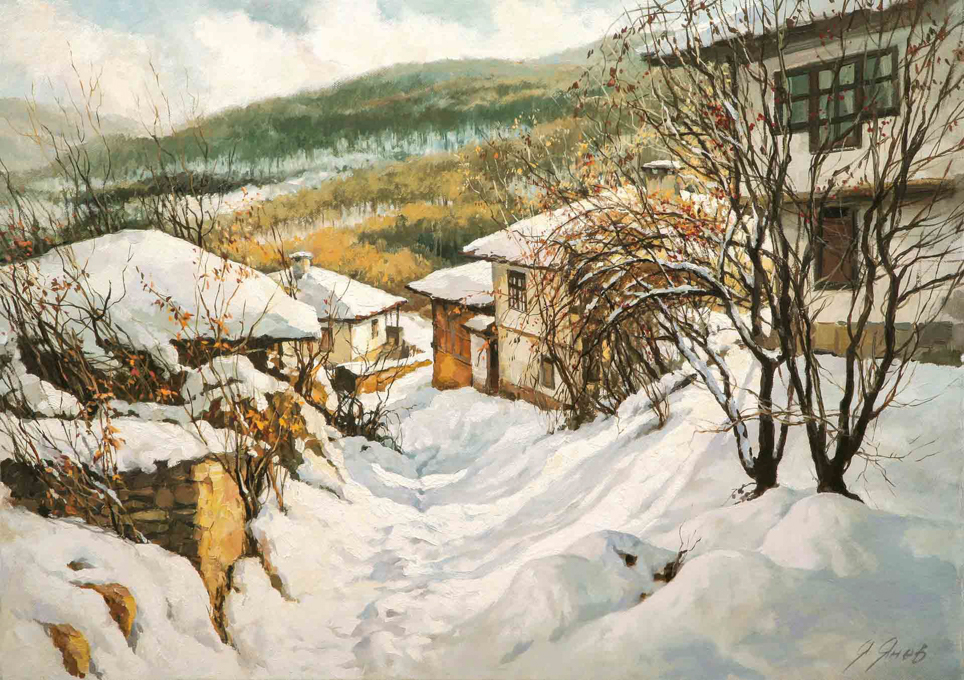 художник Янко Янев -"зимен ден" с.Старо Стефаново архитектурен резерват облас Ловеч.