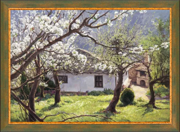 Маслена картина от Българския художник Янко Янев | Янев АРТ - Пролетен пейзаж на цъфнали дървета и селска къща село Боженци.