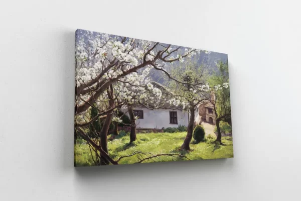 Маслена картина от Българския художник Янко Янев | Янев АРТ - Пролетен пейзаж на цъфнали дървета и селска къща село Боженци.