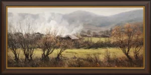 Маслена картина от Българския художник Янко Янев | Янев АРТ - Есенен пейзаж селски къщи с пушещи комини в област Ловеч.