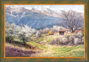 Маслена картина от Българския художник Янко Янев | Янев АРТ - Планински пейзаж стари къщи до село Баня.