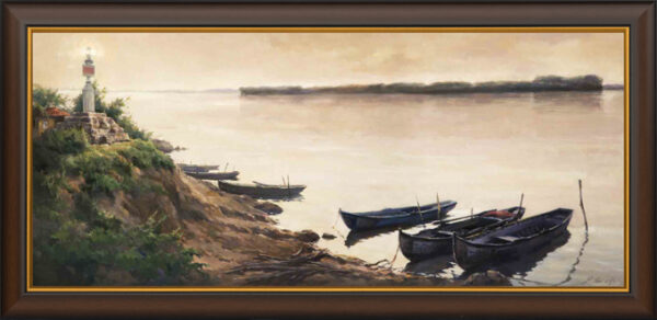 Маслена Картина на Българския художник Янко Янев | Янев АРТ – Пейзаж на Фар и рибарски лодки река Дунав край град Русе - канава с рамка