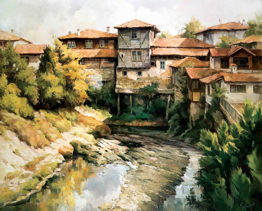 Българския художник Янко Янев – селски Къщи и река гр.Елена